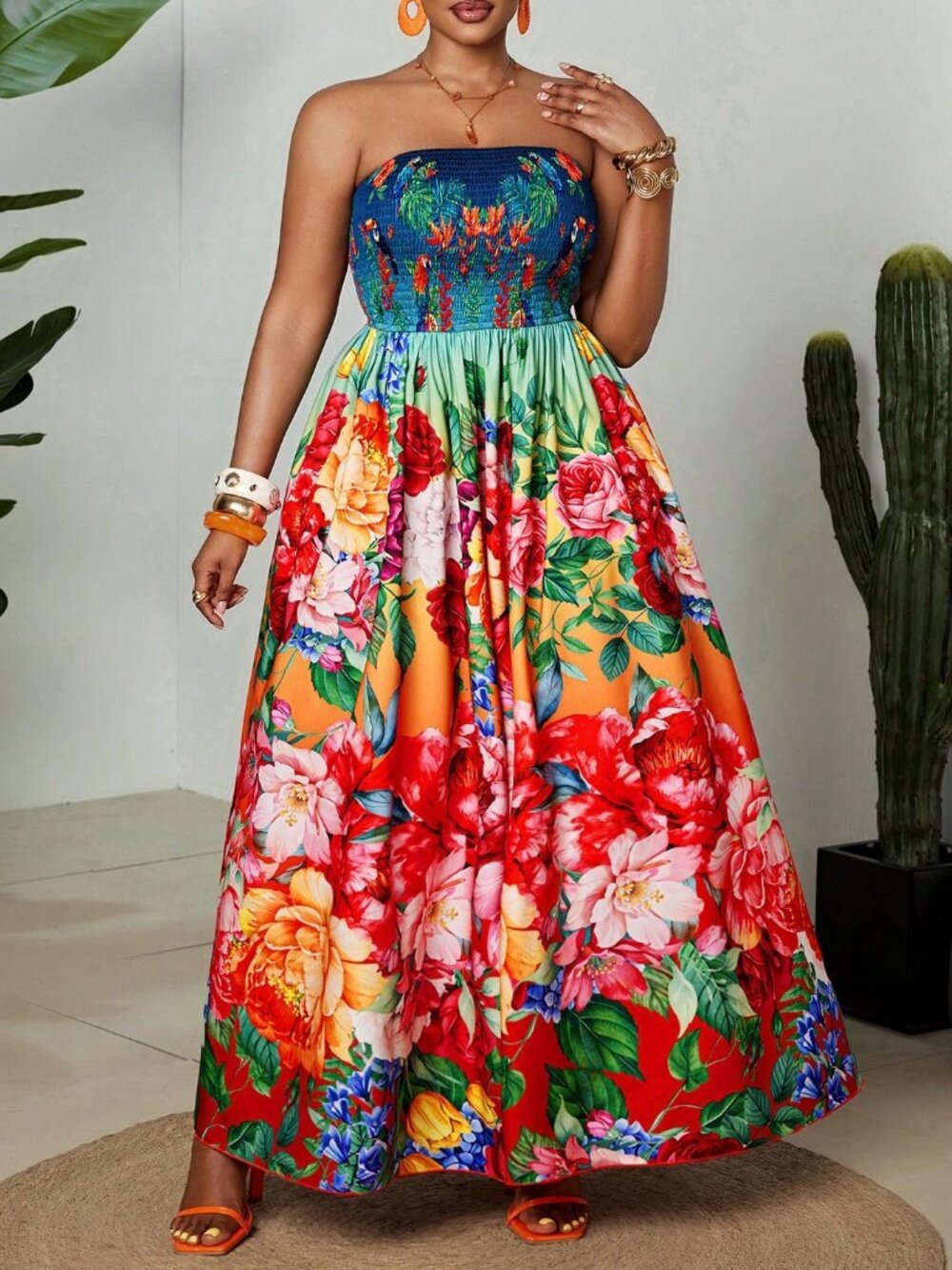 Multicolor Boho Women's Plus Size Sleeveless Elegant Floral Maxi Dress - Picture 3 of 9